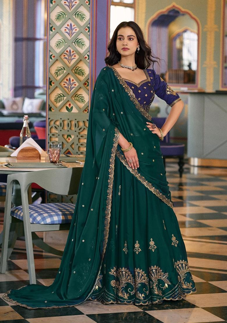Green Embroidery Silk Lehenga Set - Indya