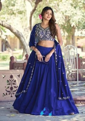 Royal Blue Embroidery Silk Lehenga Set