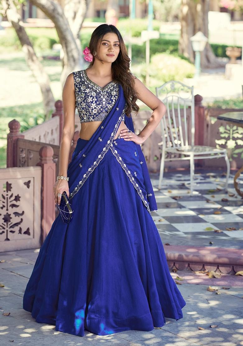 Royal Blue Embroidery Silk Lehenga Set - Indya