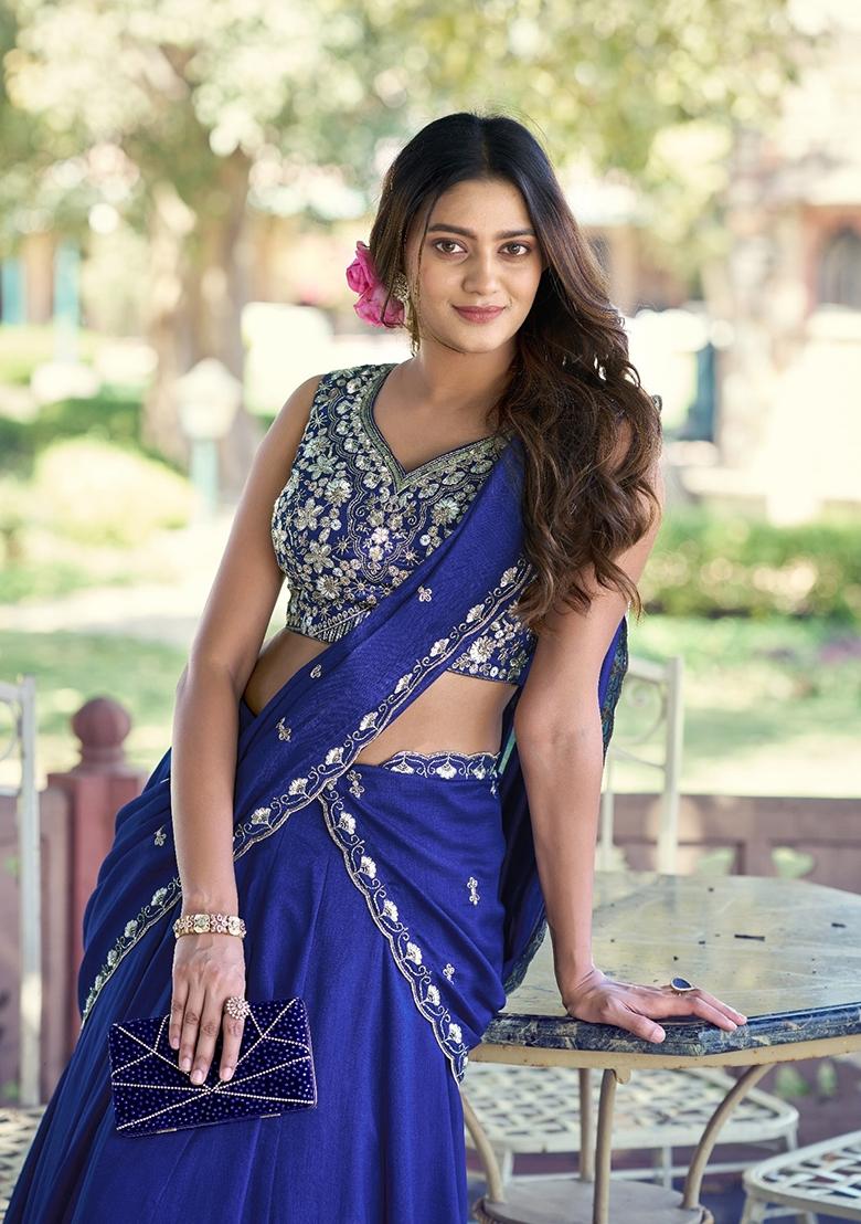 Royal Blue Embroidery Silk Lehenga Set - Indya