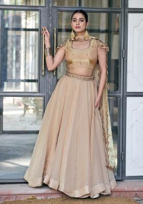 Cream Embroidery Silk Lehenga Set