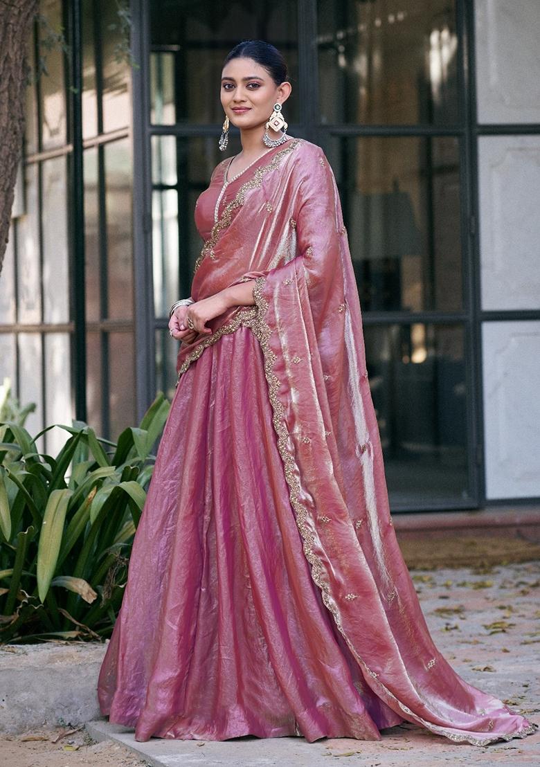 Light Pink Embroidery Silk Lehenga Set - Indya