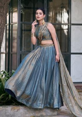 Teal Embroidery Silk Lehenga Set