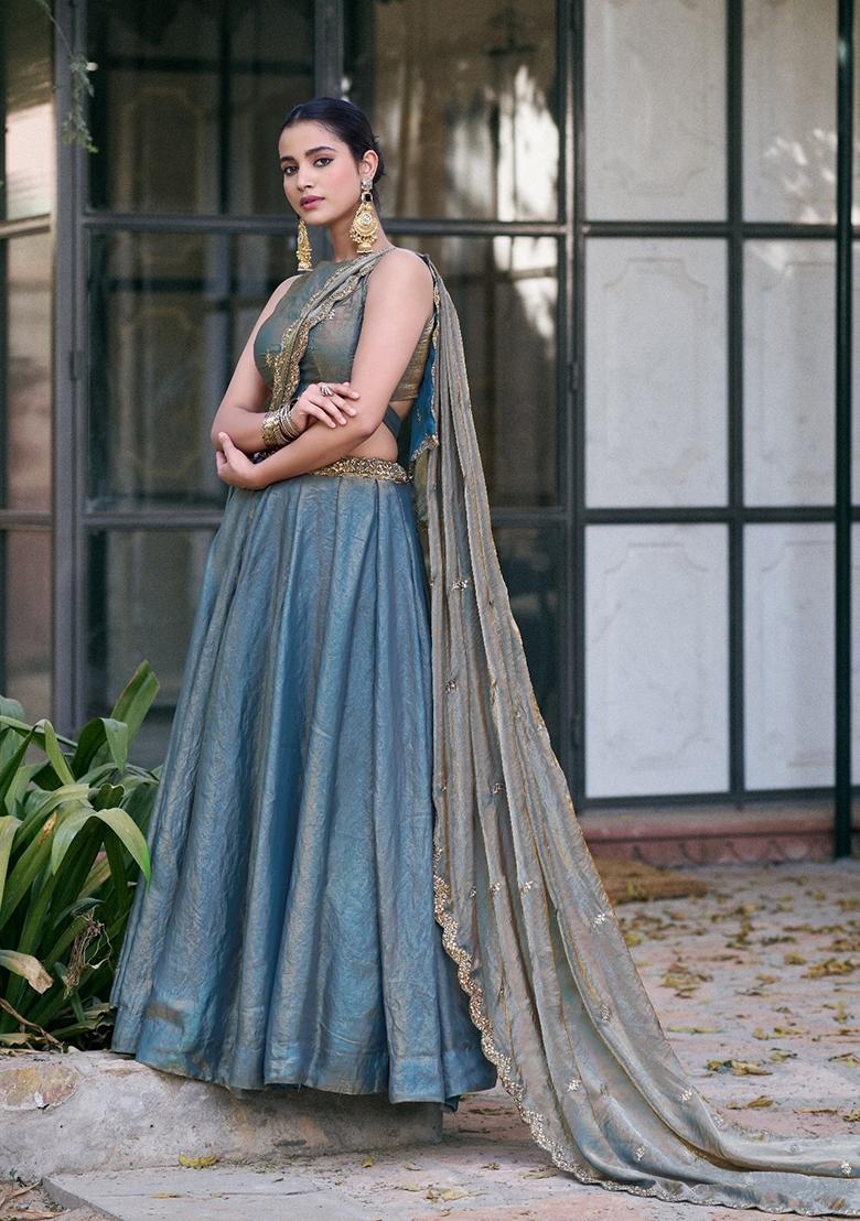 Teal Embroidery Silk Lehenga Set - Indya