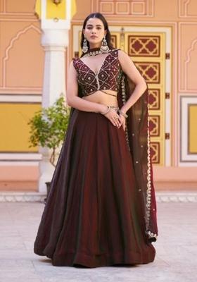 Maroon Embroidery Silk Lehenga Set