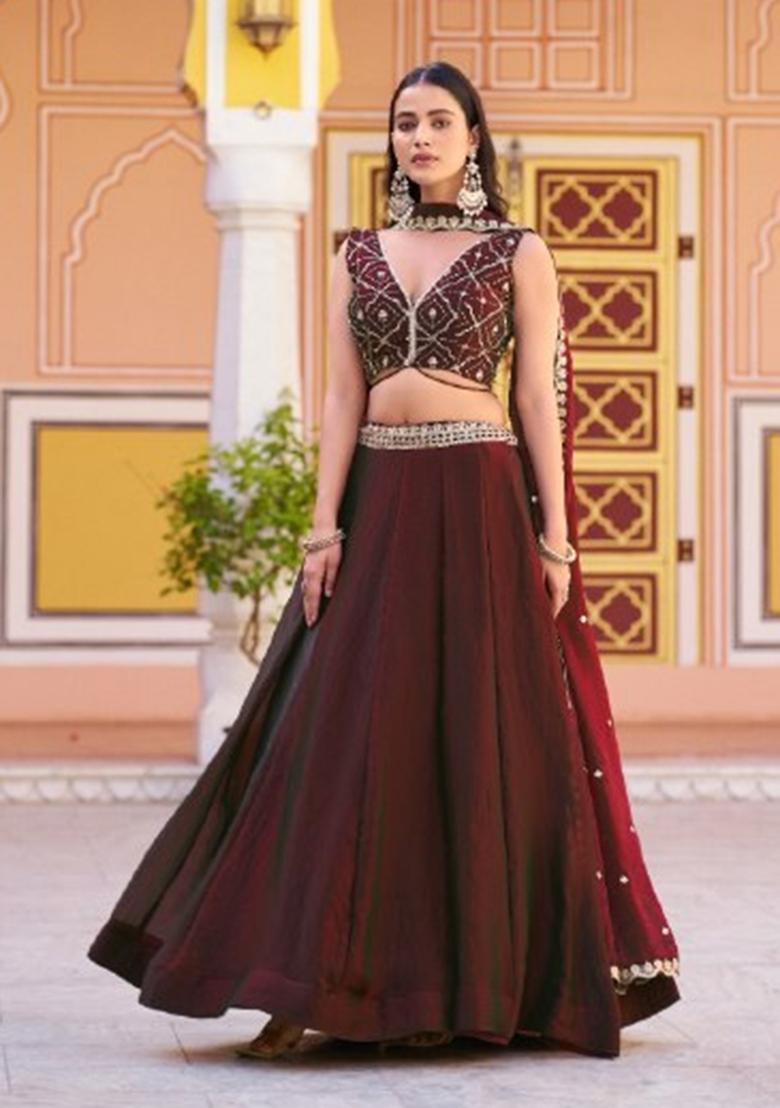 Maroon Embroidery Silk Lehenga Set - Indya