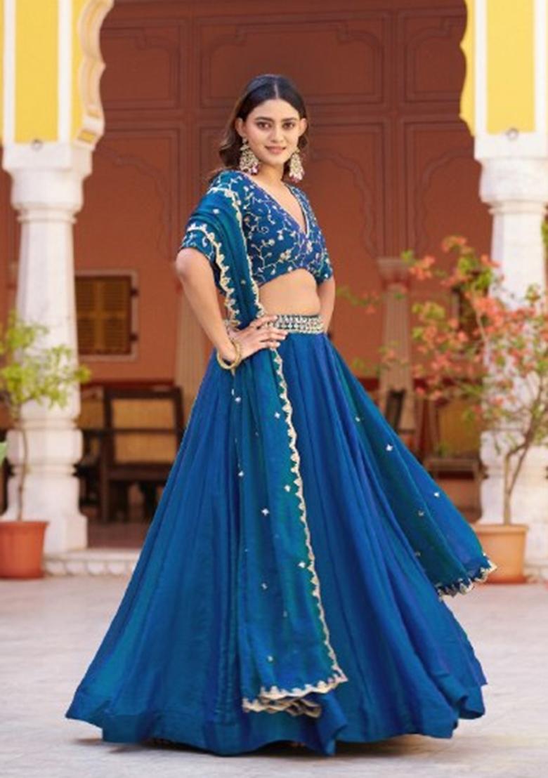 Blue Embroidery Silk Lehenga Set - Indya