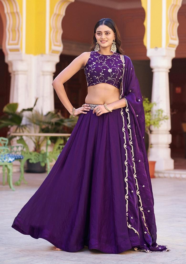 Purple Embroidery Silk Lehenga Set - Indya