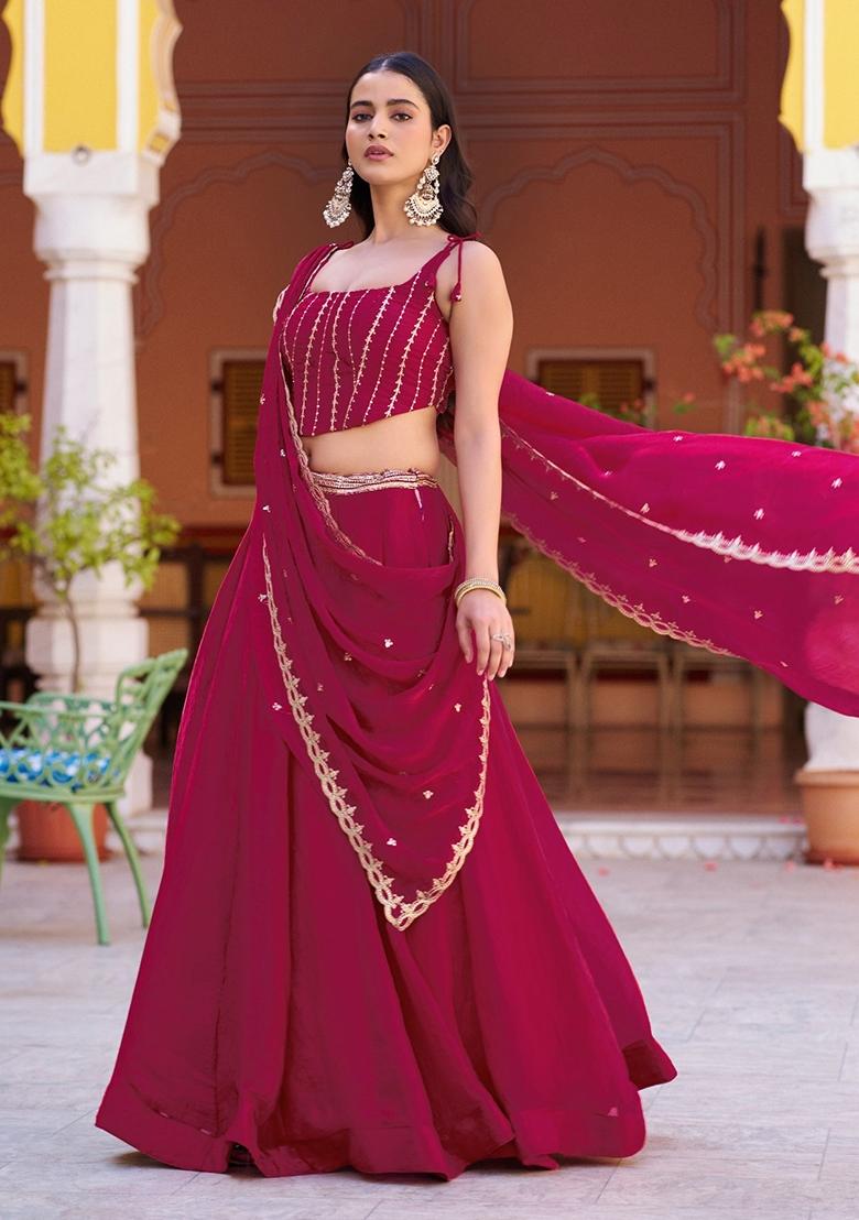 Pink Embroidery Silk Lehenga Set - Indya