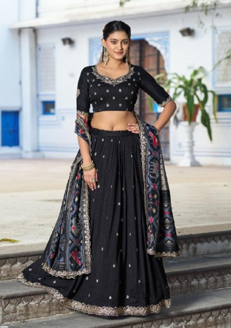 Black Embroidery Silk Lehenga Set - Indya