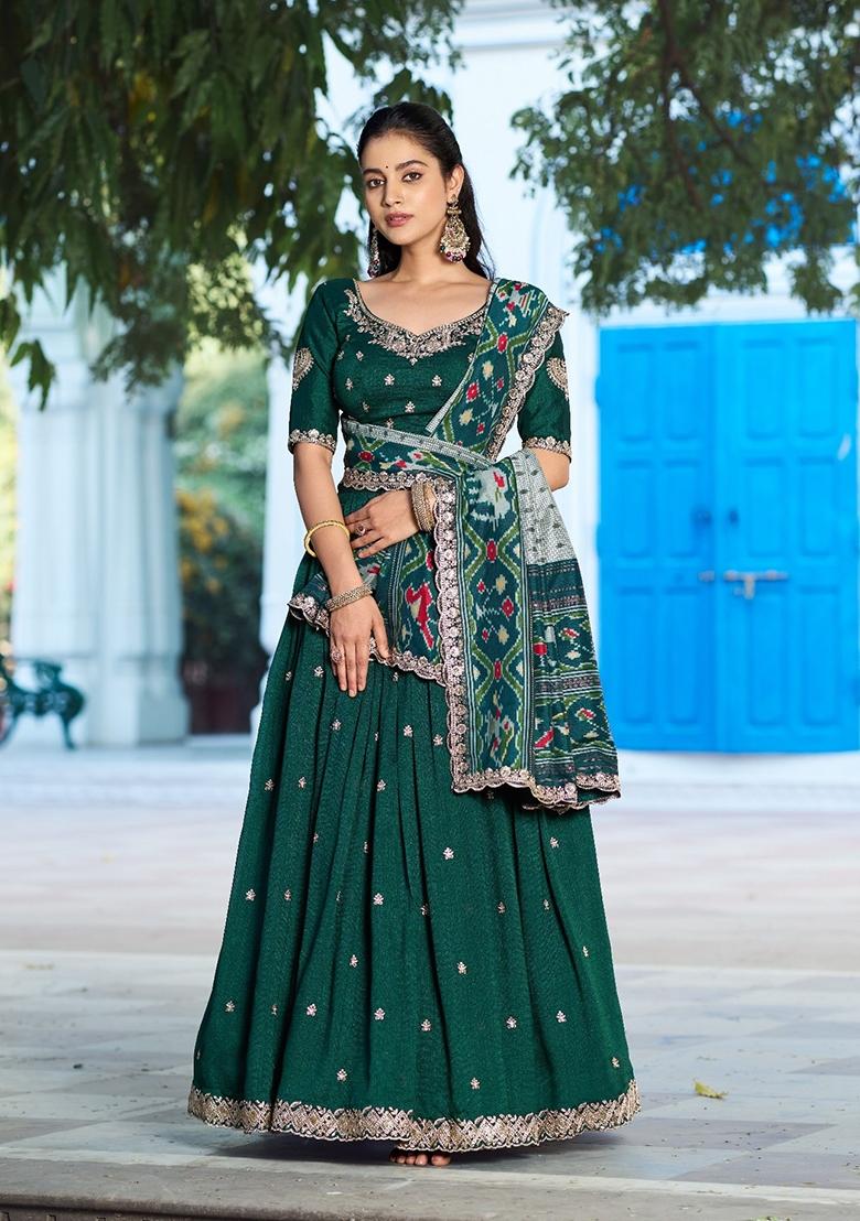Green Embroidery Silk Lehenga Set - Indya
