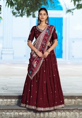 Maroon Embroidery Silk Lehenga Set