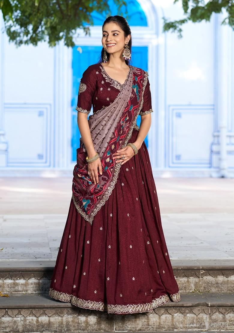 Maroon Embroidery Silk Lehenga Set - Indya