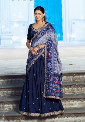 Nevy Blue Embroidery Silk Lehenga Set