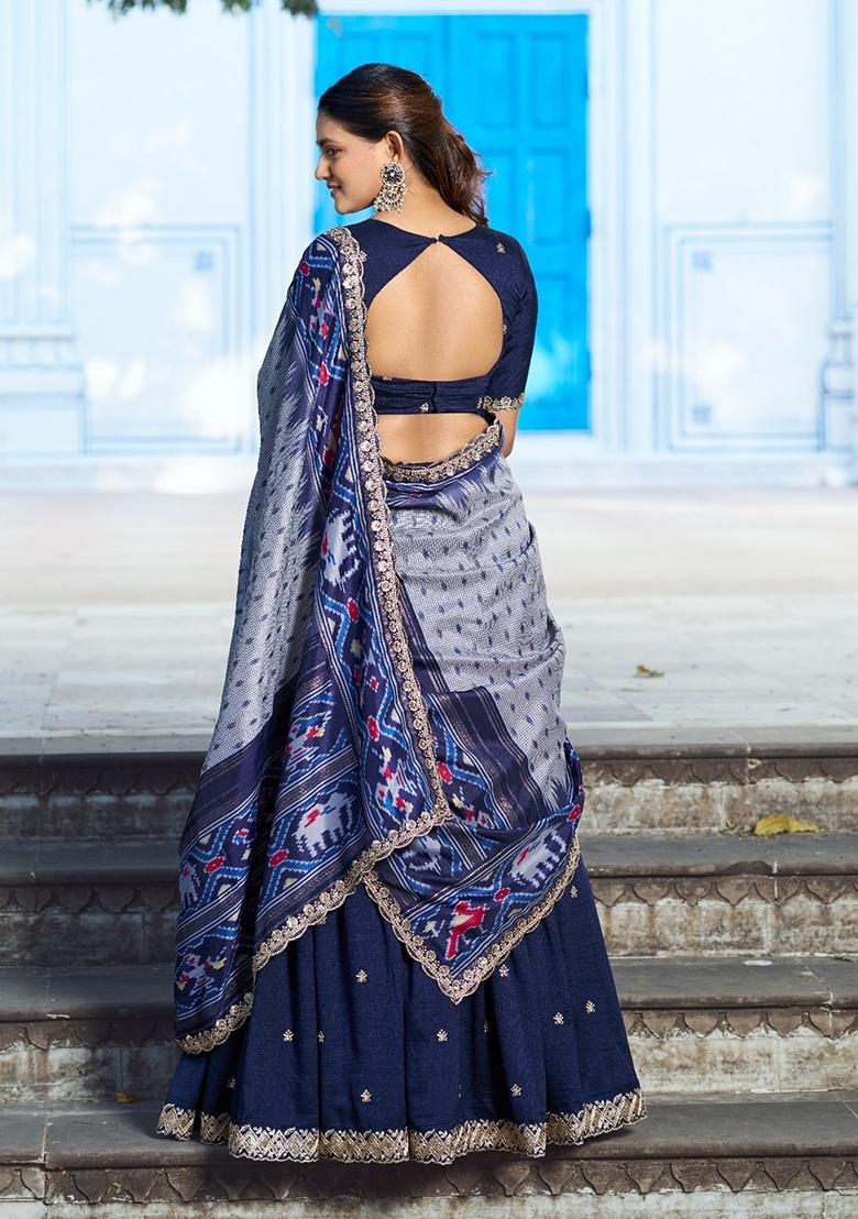 Nevy Blue Embroidery Silk Lehenga Set - Indya