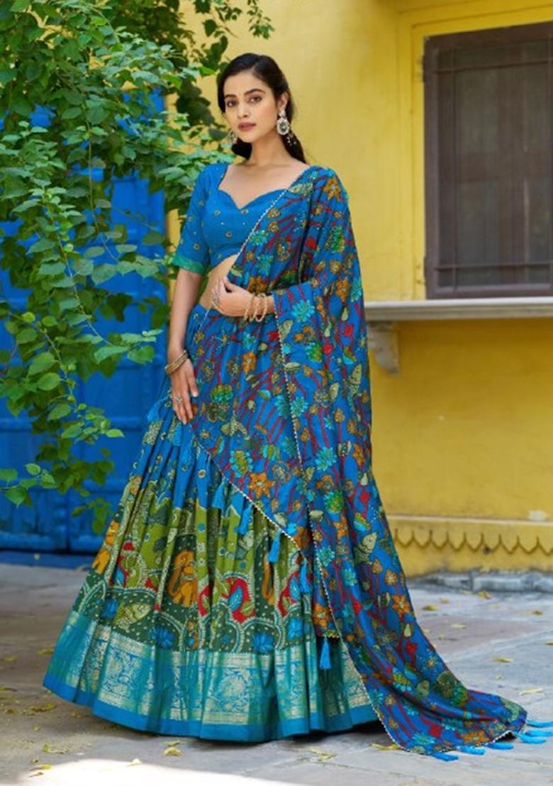Multicolor Printed Silk Lehenga Set - Indya