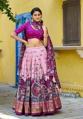 Light Pink Printed Silk Lehenga Set