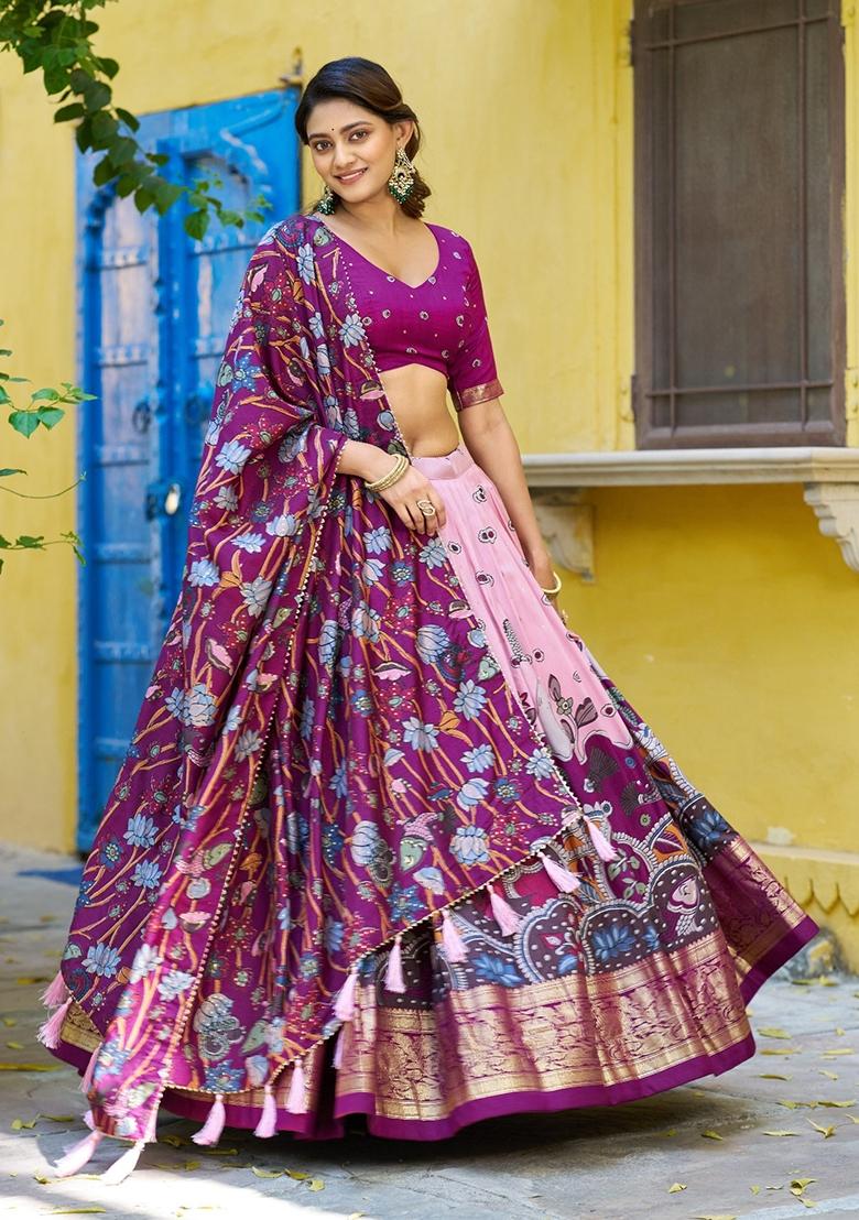 Light Pink Printed Silk Lehenga Set - Indya