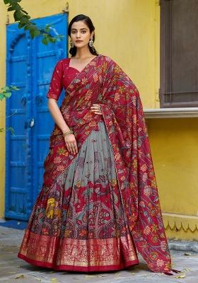 Grey Printed Silk Lehenga Set