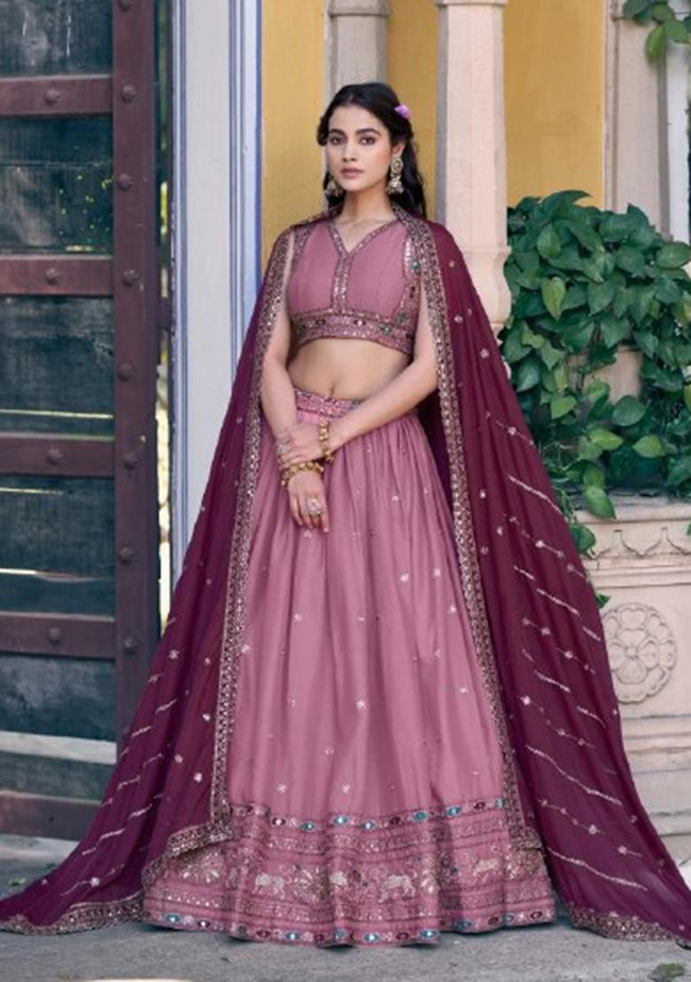 Baby Pink Embroidery Georgette Lehenga Set - Indya