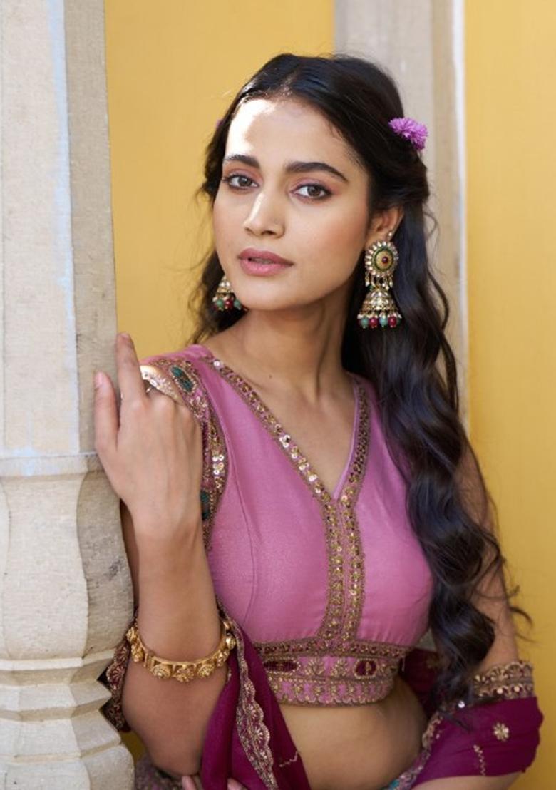 Baby Pink Embroidery Georgette Lehenga Set - Indya