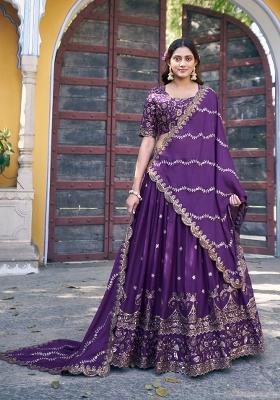 Purple Embroidery Georgette Lehenga Set