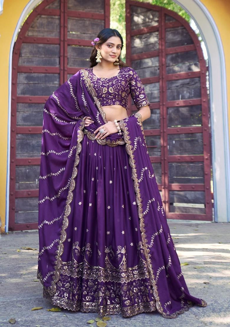 Purple Embroidery Georgette Lehenga Set - Indya
