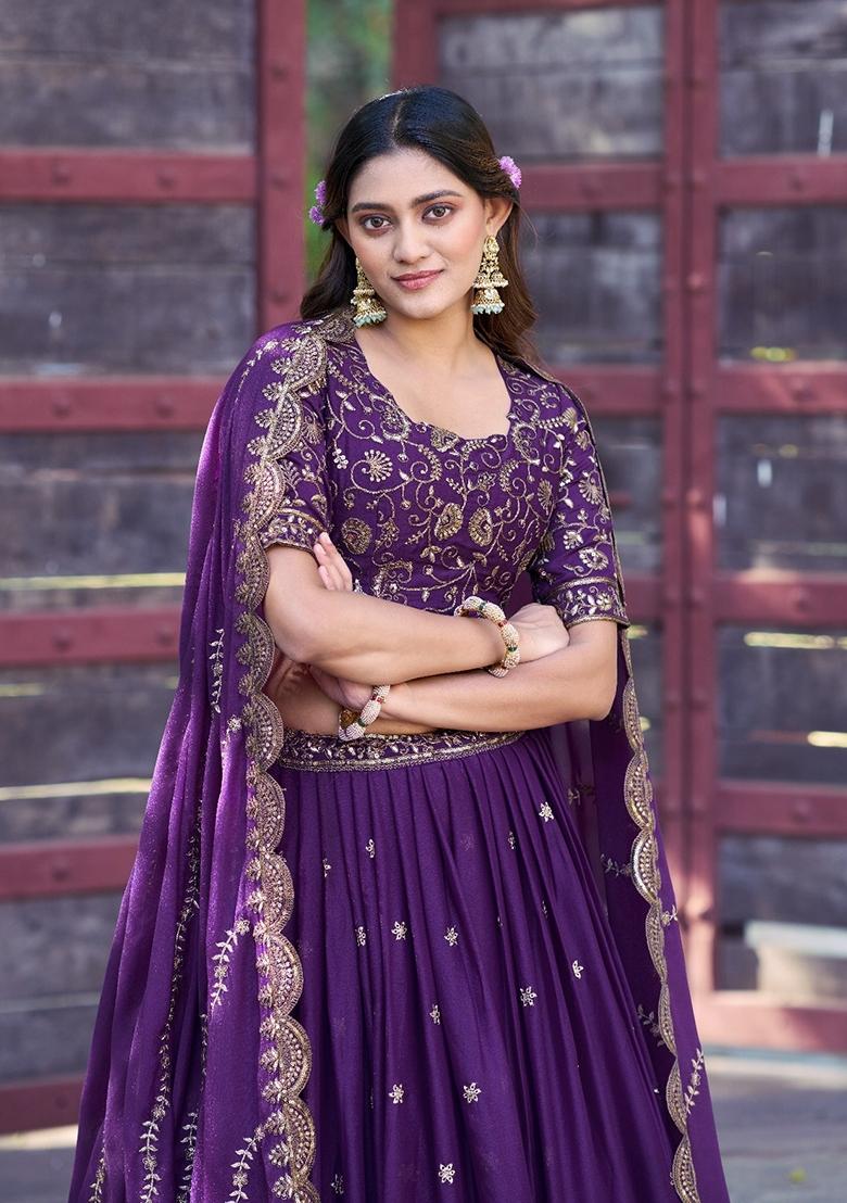 Purple Embroidery Georgette Lehenga Set - Indya