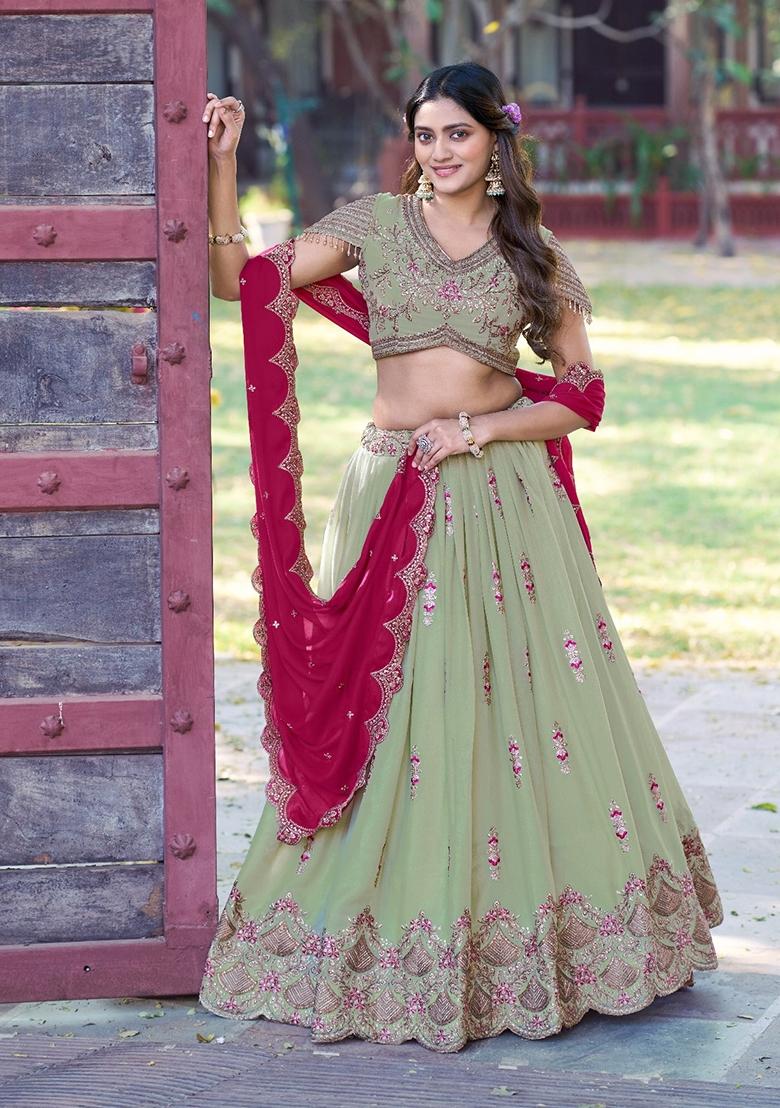 Pista Embroidery Georgette Lehenga Set - Indya
