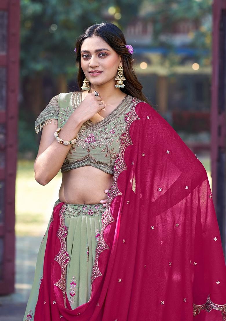 Pista Embroidery Georgette Lehenga Set - Indya
