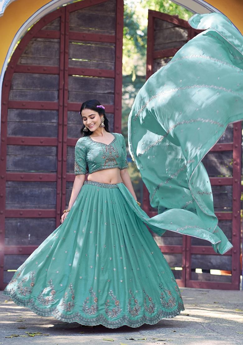 Sky Blue Embroidery Georgette Lehenga Set - Indya