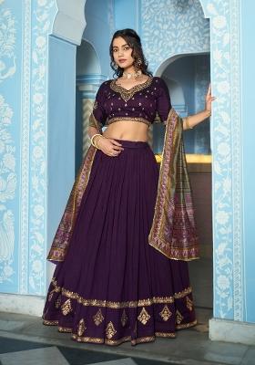 Dark Purple Embroidery Silk Lehenga Set