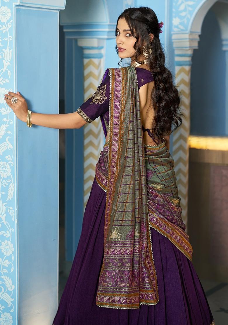 Dark Purple Embroidery Silk Lehenga Set - Indya