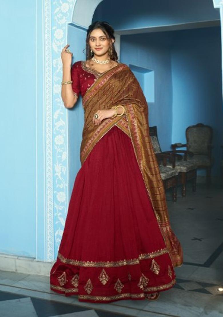 Maroon Embroidery Silk Lehenga Set - Indya