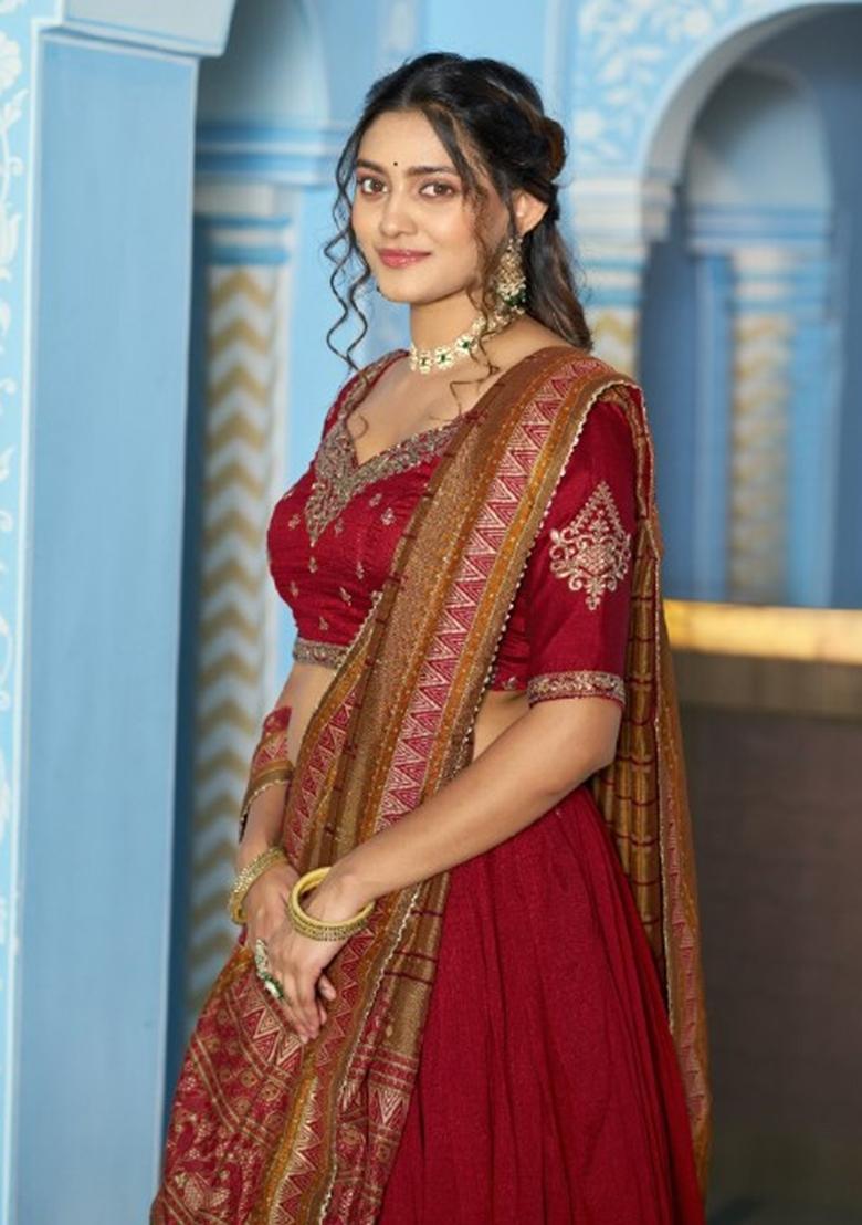 Maroon Embroidery Silk Lehenga Set - Indya