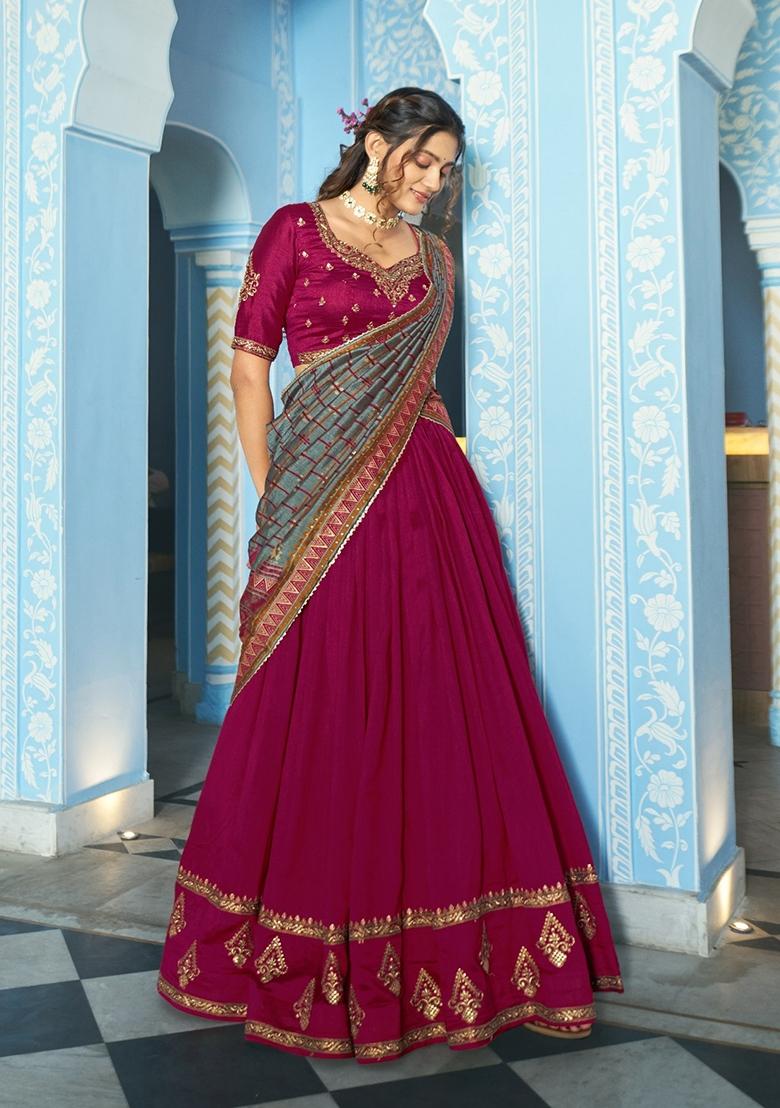 Rani Pink Embroidery Silk Lehenga Set - Indya