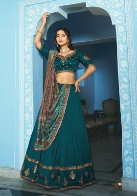 Teal Embroidery Silk Lehenga Set