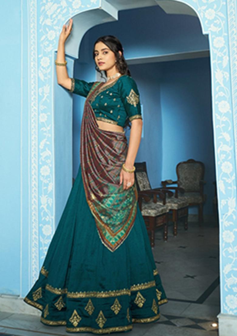 Teal Embroidery Silk Lehenga Set - Indya