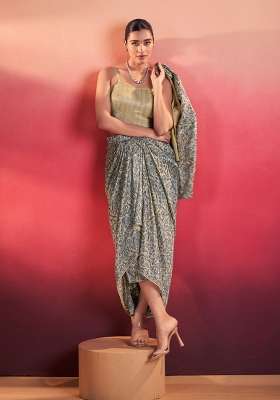 Beige Printed Silk Lehenga Set