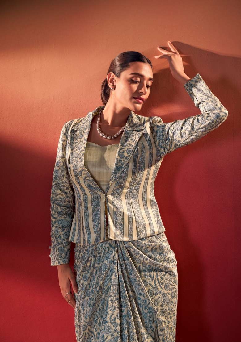 Beige Printed Silk Lehenga Set - Indya