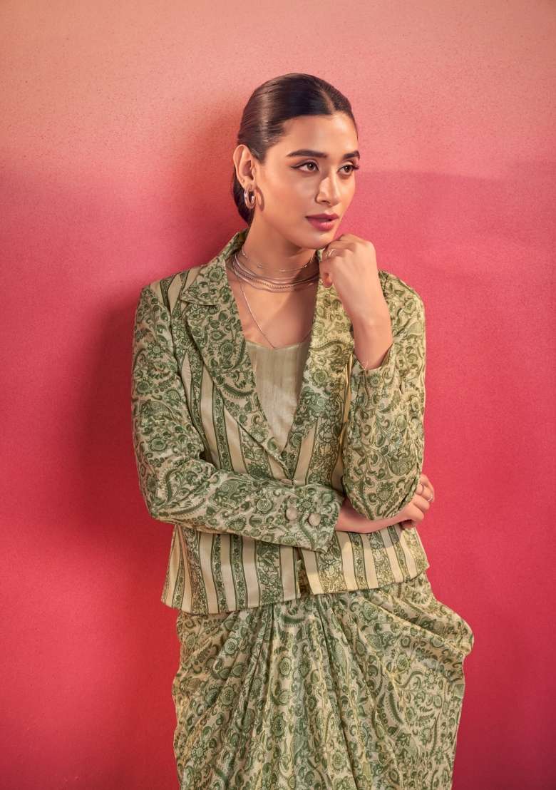Beige Printed Silk Lehenga Set - Indya