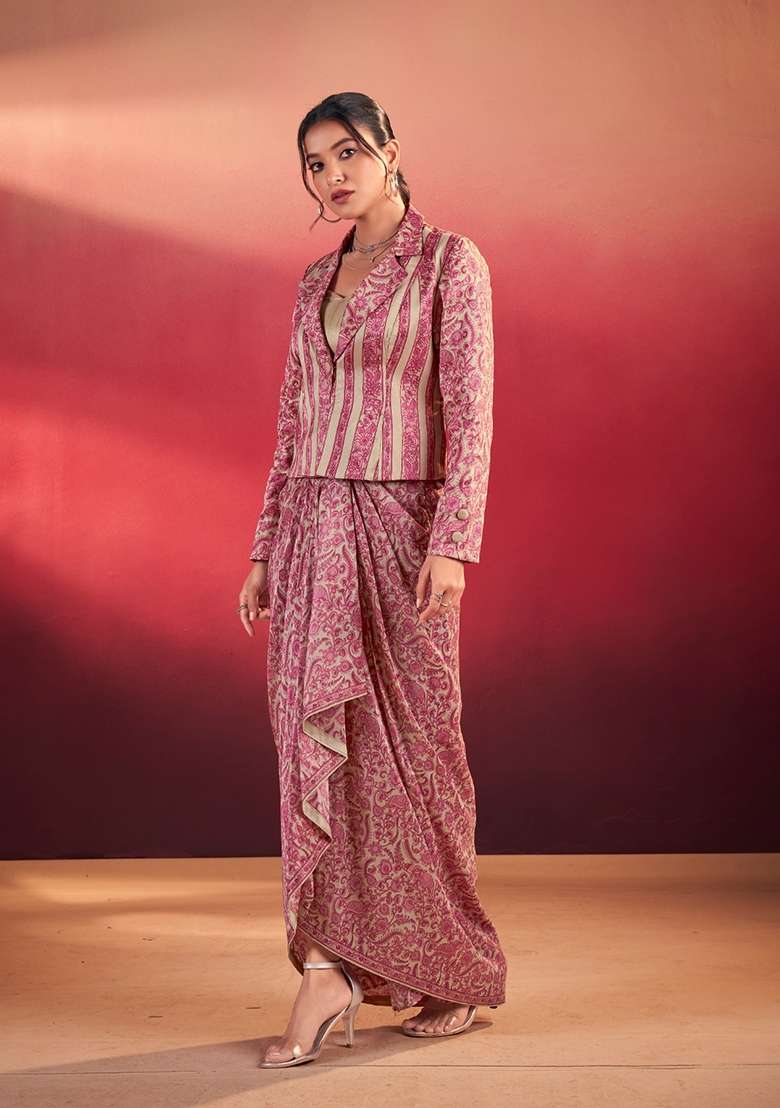 Beige Printed Silk Lehenga Set - Indya