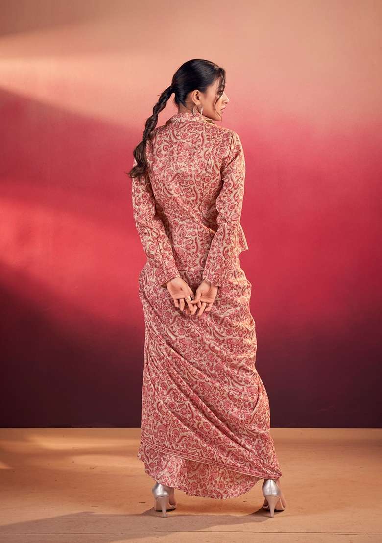 Beige Printed Silk Lehenga Set - Indya