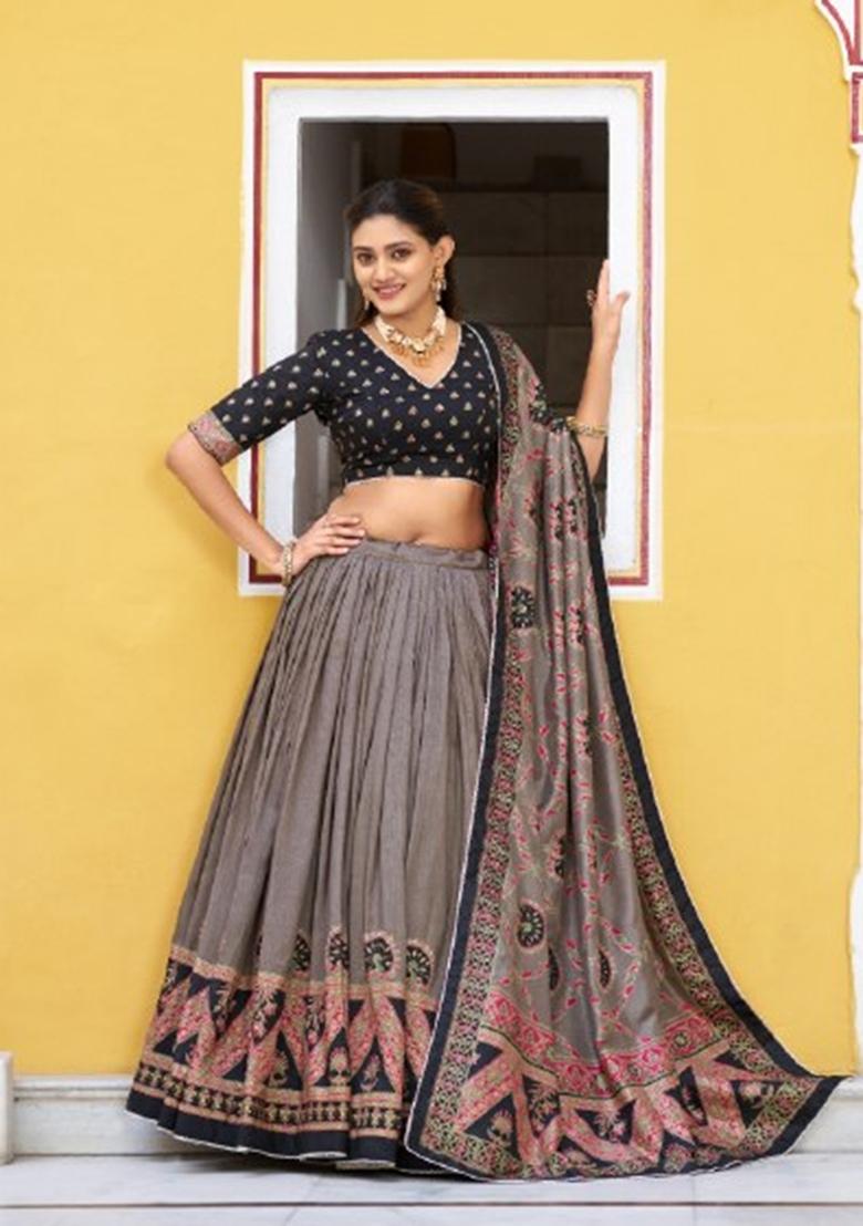 Black Printed Silk Lehenga Set - Indya
