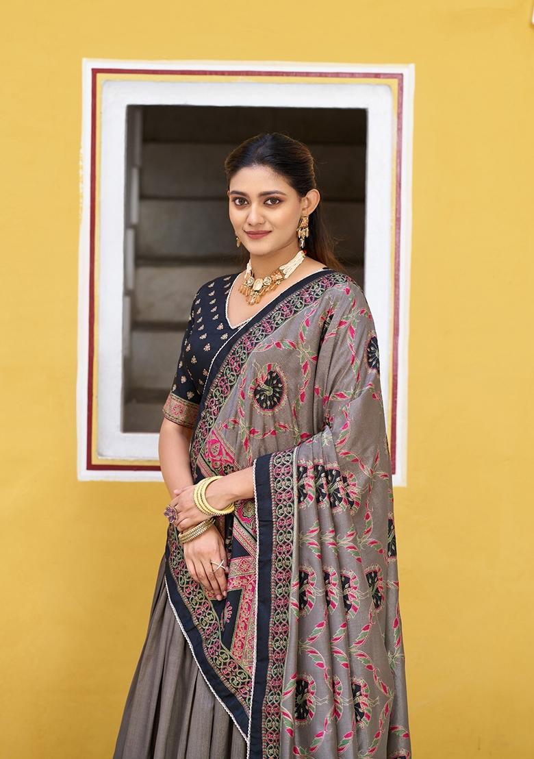 Black Printed Silk Lehenga Set - Indya