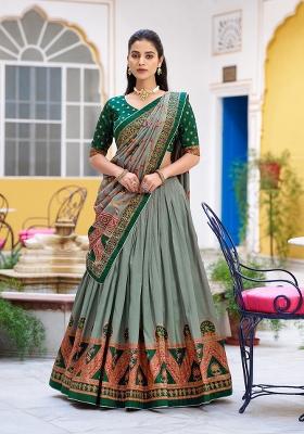 Green Printed Silk Lehenga Set