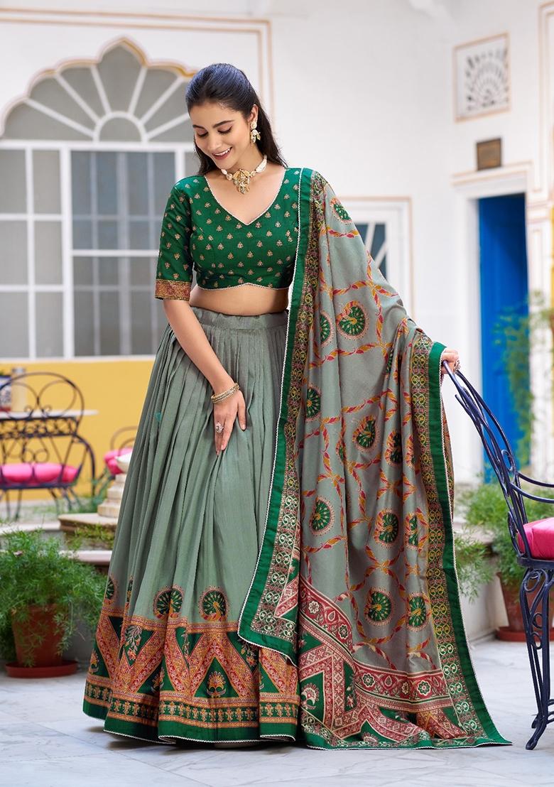 Green Printed Silk Lehenga Set - Indya