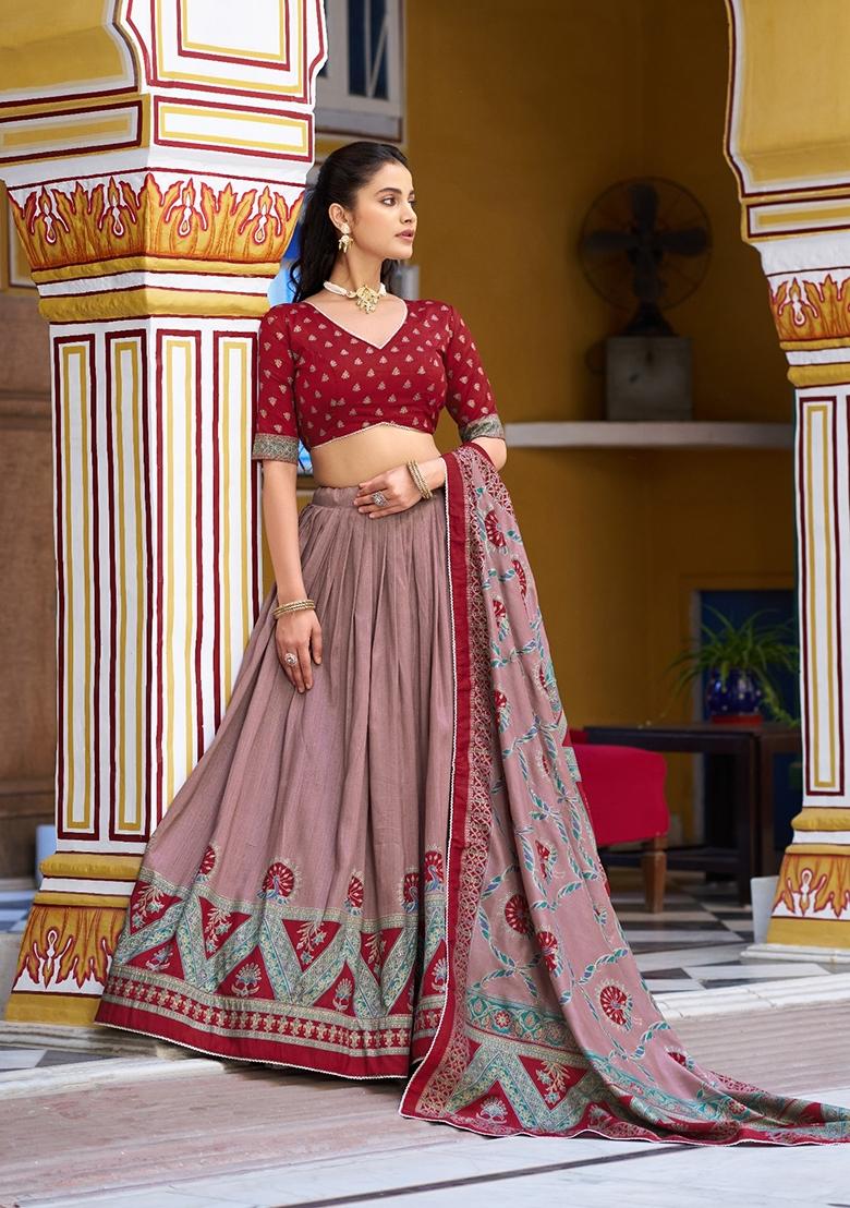 Maroon Printed Silk Lehenga Set - Indya