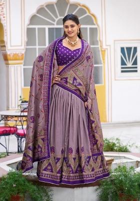 Purple Printed Silk Lehenga Set