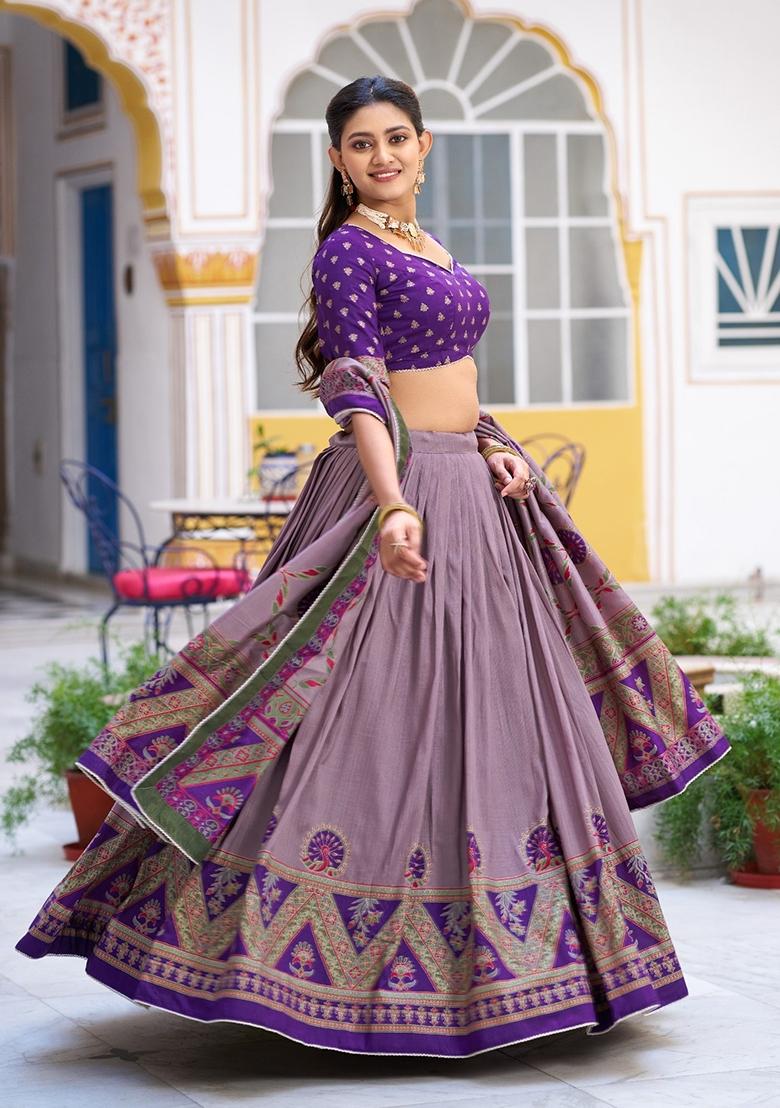 Purple Printed Silk Lehenga Set - Indya